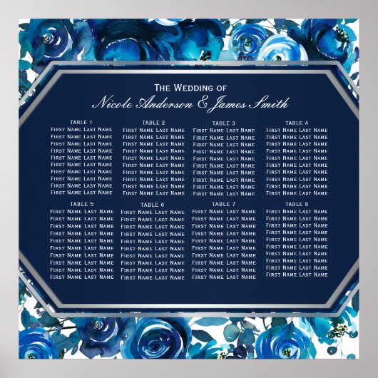 Blue Indigo Floral Flowers Wedding Seding Chart Poster (Voorkant)