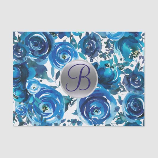 Blue Indigo Floral Monogram Letter Initiaal Tissuepapier (Voorkant)
