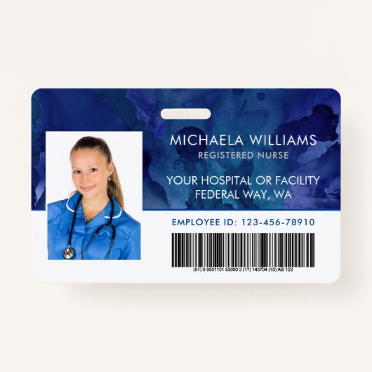 Blue Ink Employee Photo RN Hospital Barcode ID Badge (Voorkant)