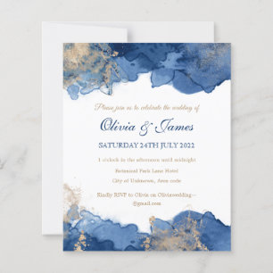 Blue Ink Gold Glitter Budget Weduwen Uitnodiging