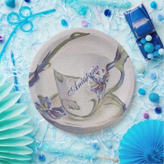 BLUE IRIS-TEACUP MONOGRAM PARTIJ PAPIEREN BORDJE (Feest)