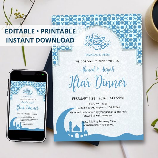 Blue Islamic Pattern Iftar Dinner Invitation Kaart