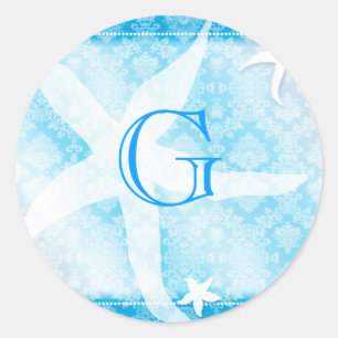 Blue Island Starfish Weddenschap Monogram Ronde Sticker
