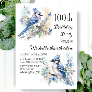 Blue Jay Bird Flowers Springtime 100th Birthday Kaart