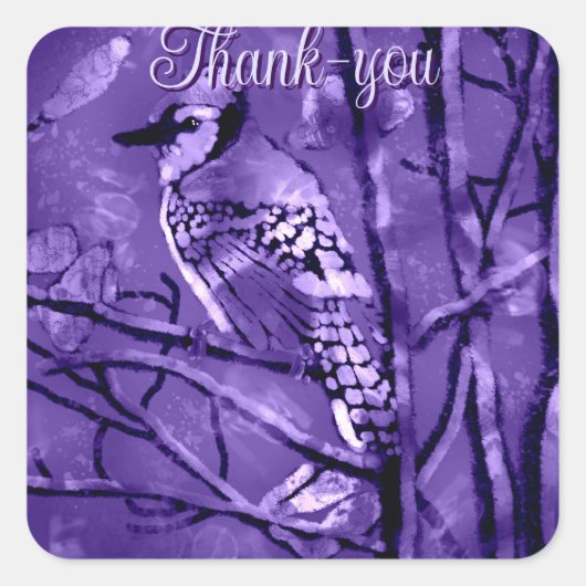 Blue Jay Bird op Tree Branch Bedankt Vierkante Sticker (Voorkant)