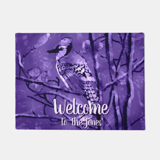 Blue Jay Bird Purple Abstract Art Personalized Deurmat (Voorkant)