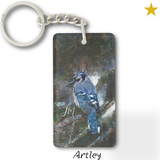Blue Jay Bird Schilderen Initialen Vogelspotten Sleutelhanger