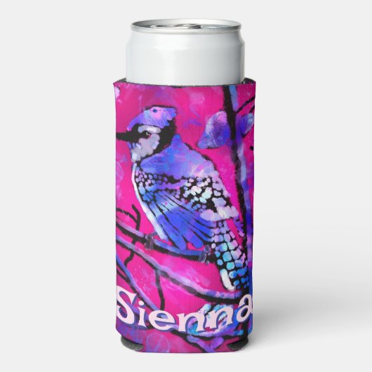 Blue Jay Bird Tree Branch Pink Personalized (Seltzer Achterkant)