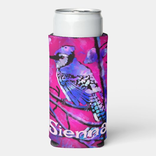 Blue Jay Bird Tree Branch Pink Personalized (Seltzer Voorkant)