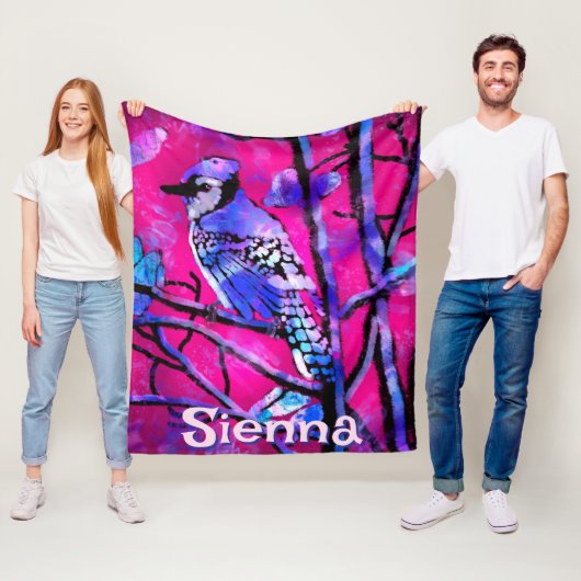 Blue Jay Bird Tree Branch Pink Personalized Fleece Deken (In situ)