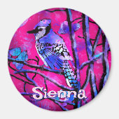 Blue Jay Bird Tree Branch Pink Personalized Magneet (Voorkant)