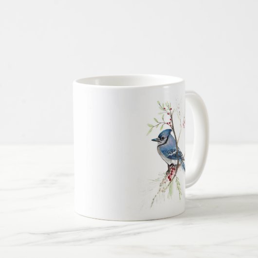 Blue Jay Bird Waterverf Art Coffee Mok (Voorkant rechts)