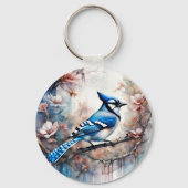 Blue Jay Cherry Blossoms waterverf Sleutelhanger (Voorkant)