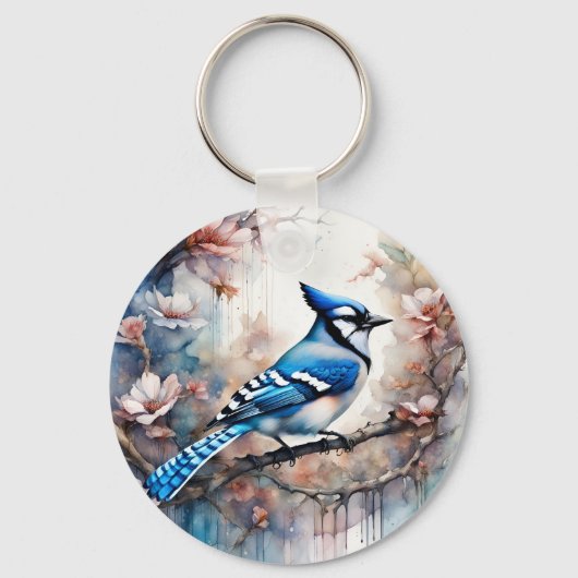 Blue Jay Cherry Blossoms waterverf Sleutelhanger (Voorkant)