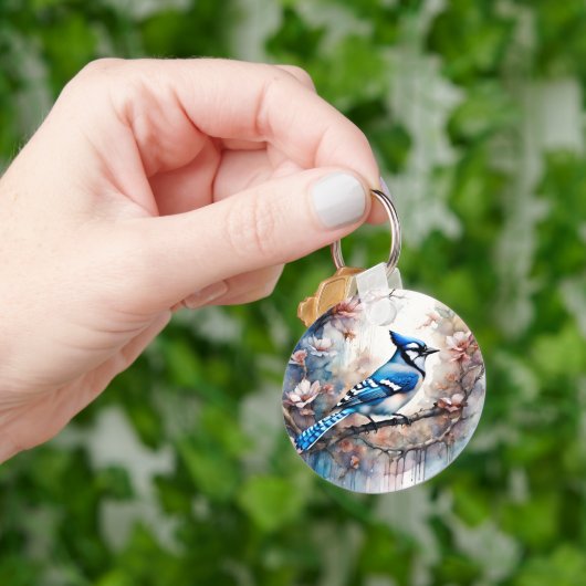 Blue Jay Cherry Blossoms waterverf Sleutelhanger (Hand)