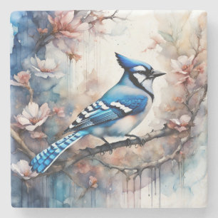 Blue Jay Cherry Blossoms waterverf Stenen Onderzetter