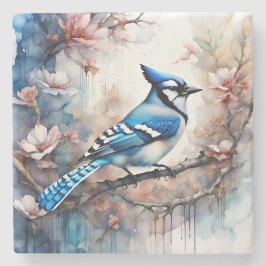 Blue Jay Cherry Blossoms waterverf Stenen Onderzetter (Voorkant)