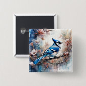 Blue Jay Cherry Blossoms waterverf Vierkante Button 5,1 Cm (Voorkant /achterkant)