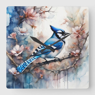 Blue Jay Cherry Blossoms waterverf Vierkante Klok