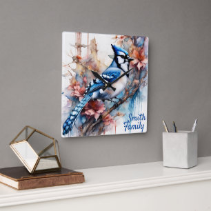 Blue Jay Cherry Blossoms waterverf Vierkante Klok