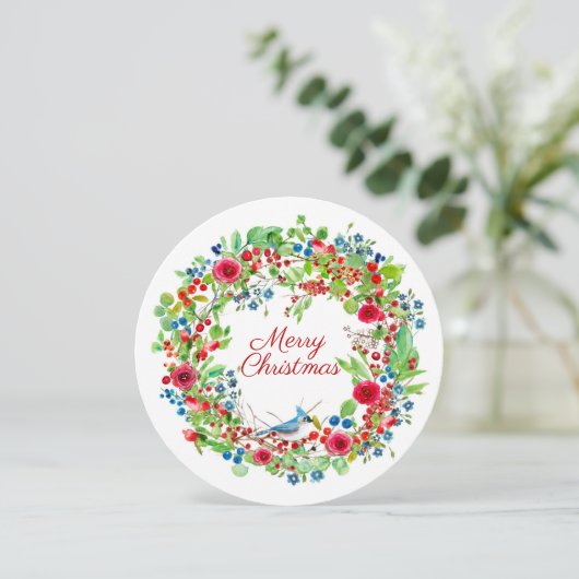 Blue Jay en Rozen Waterverf Merry Kerstmis Feestdagenkaart (Staand voorkant)