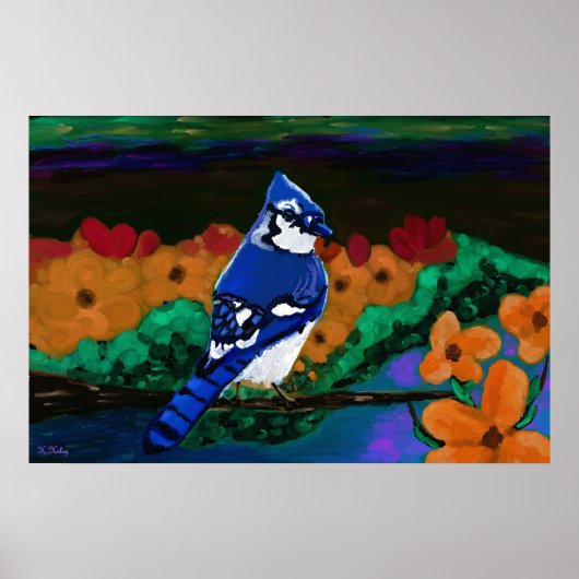 Blue Jay in Oranje Flowers print (Voorkant)