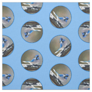 Blue Jay in Winter Sneeuwschilderij Originele Voge Stof