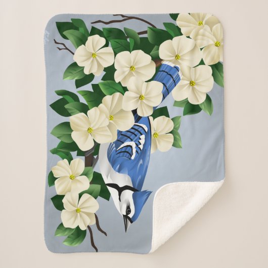 Blue Jay onder Dogwood Flowers Sherpa Deken (Voorkant)