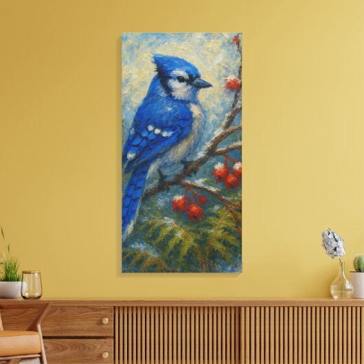 Blue Jay op Berry Branch - Kleurrijke Vogel Natuur Canvas Afdruk (Insitu (Woonkamer))