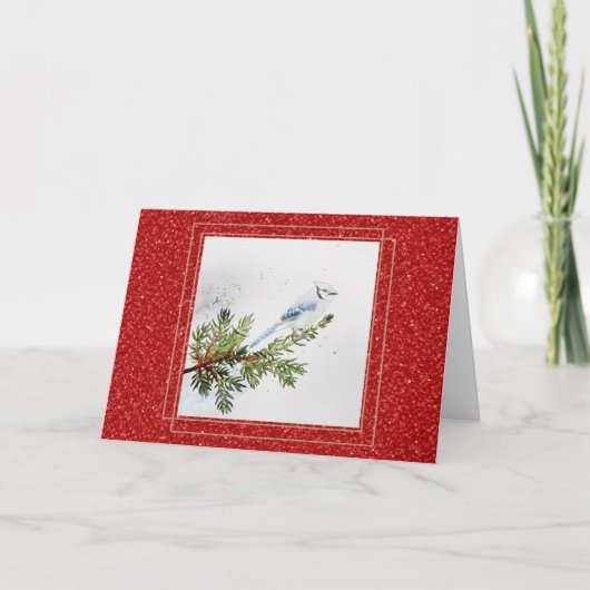 Blue Jay op een Pine Branch Kerstmis Kaart (Voorkant)
