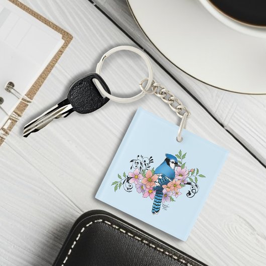 Blue Jay Spring bloemen Business Logo Sleutelhanger