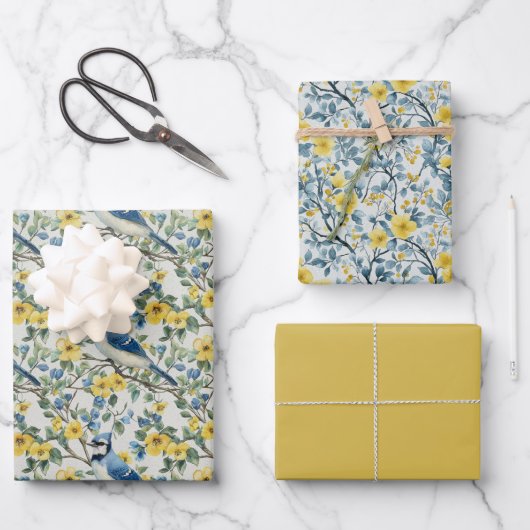 Blue Jays Vogeltakken en Bloesems Inpakpapier Vel (Voorkant)