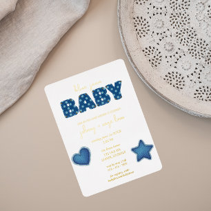 Blue Jean Baby   Modern Baby shower   lappendeken Folie Uitnodiging