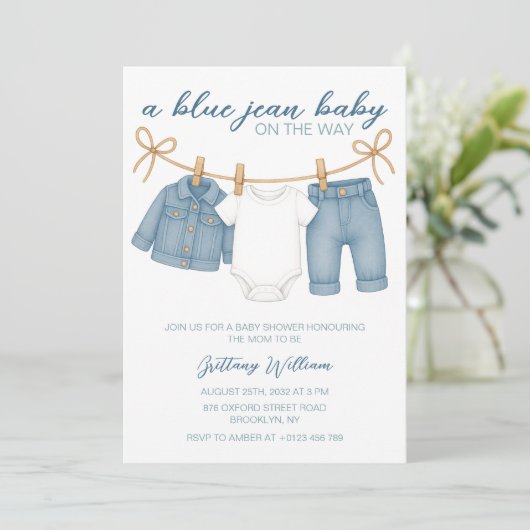 Blue Jean Baby shower Invitation pour garçons (Debout devant)