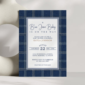 Blue Jean Baby Shower Preppy Plaid Script Kaart