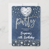 Blue Jean Denim & Bling Diamonds Birthday Party Kaart (Voorkant)
