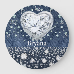Blue Jean Denim & Diamonds Bling Diamond Heart Grote Klok