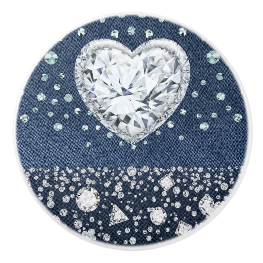 Blue Jean Denim & Diamonds Bling Diamond Heart Keramische Knop (Voorkant)