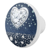 Blue Jean Denim & Diamonds Bling Diamond Heart Keramische Knop (Rechts)