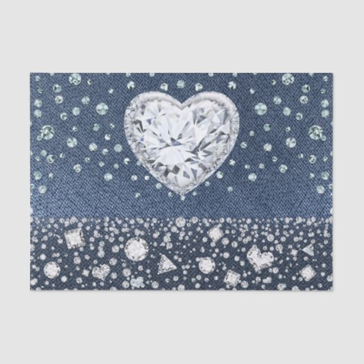 Blue Jean Denim & Diamonds Bling Diamond Heart Tissuepapier (Voorkant)