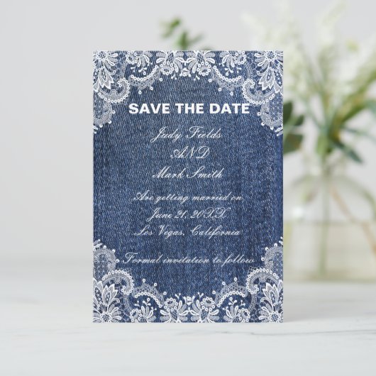 Blue Jean Denim en Lace Save the Date Aankondiging (Staand voorkant)