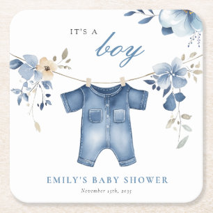 Blue Jean Denim Sweet Boy Baby shower Vierkante Kartonnen Onderzetter