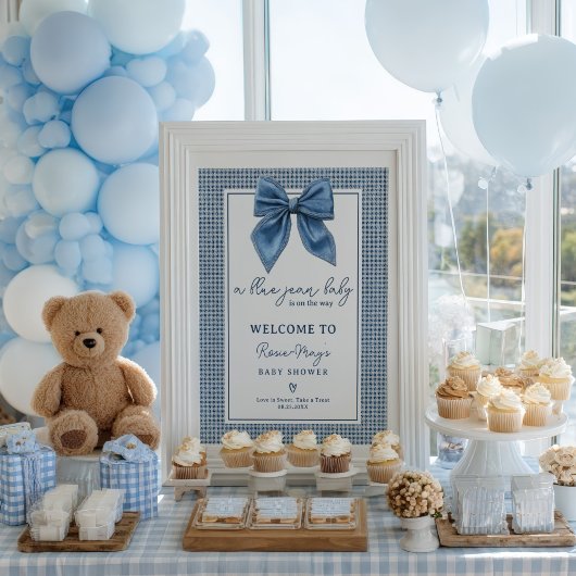 Blue Jean Gingham Coquette Bow Baby shower Welkom Poster