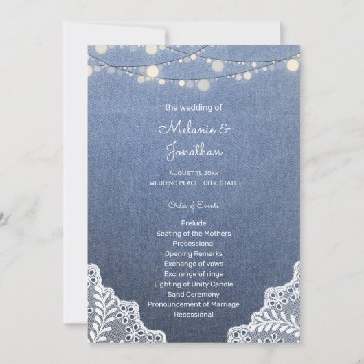 Blue Jean, Lace String Lights Ceremony Program Kaart (Voorkant)
