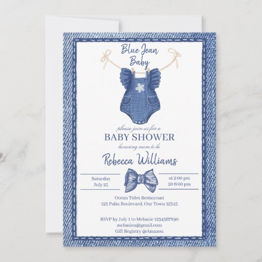 Blue jean meisjes kleding op een lijn baby shower kaart (Voorkant)