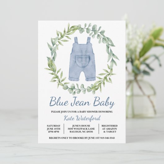 Blue Jean Overall Denim Baby shower Uitnodiging (Staand voorkant)