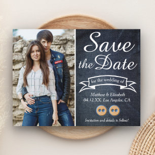 Blue Jeans Koppel Denim Trouw Save the Date Aankondigingskaart