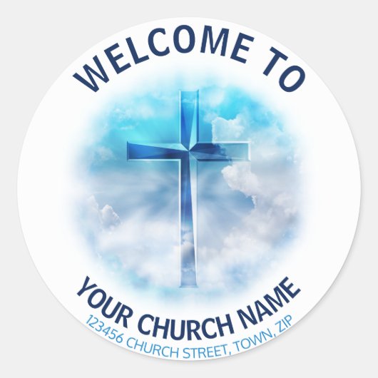 Blue Jesus Cross Kerk Welkom Ronde Sticker (Voorkant)