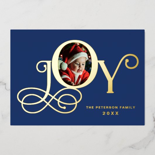 Blue Joy Photo Real Gold Foil Carte de vacances (Recto)