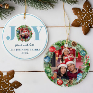 Blue JOY Waterverf Krans Foto Ornament